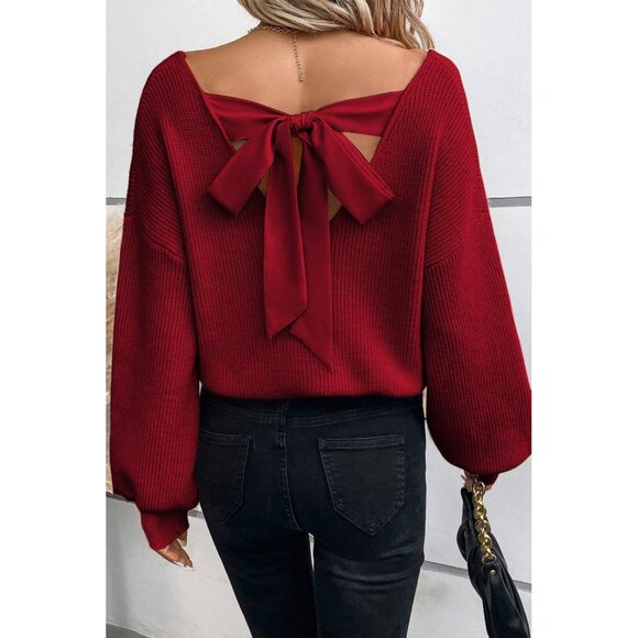 Womens Knit Sweater V Neck Off Shoulder Oversized Long Sleeve Pullover - Picture 5 of 5